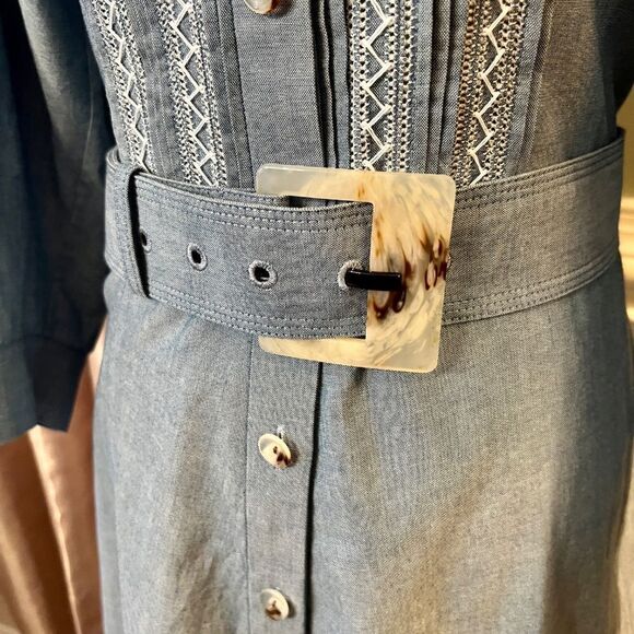 NWOT Lafayette 148 Embroidered Cotton Chambray Midi Shirtdress Shirt Dress 10 - Picture 3 of 5